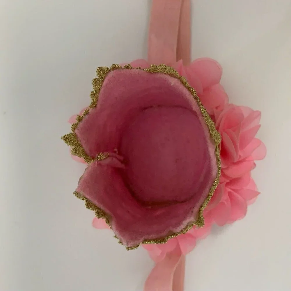 Baby First Birthday Hat Crown Gold Pink Roses w Elastic Small Photo Shoot Party